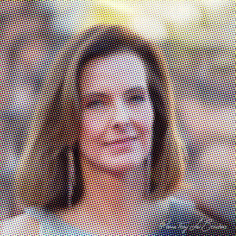 Portrait de Carole Bouquet traité par dilution optique, composé d’une trame très visible de points cyan, magenta, jaunes et noirs.
