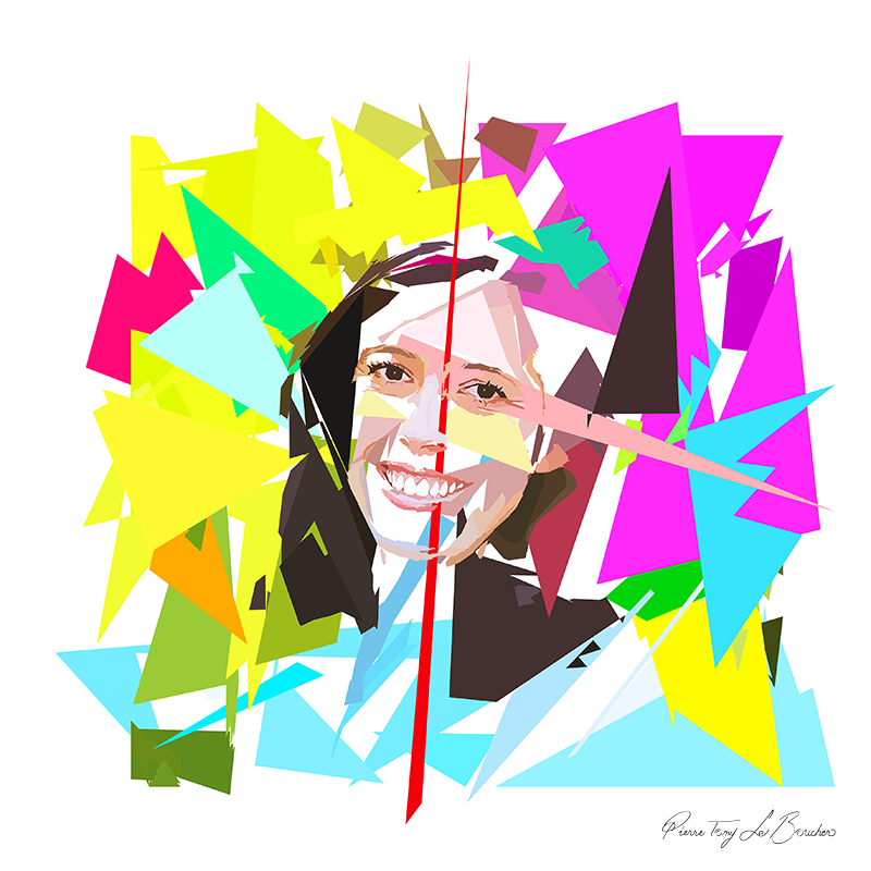 Portrait de Carole Tolila construit en facettes colorées sur fond blanc, entouré de formes géométriques jaunes, roses, turquoise, vertes et bleu clair.
