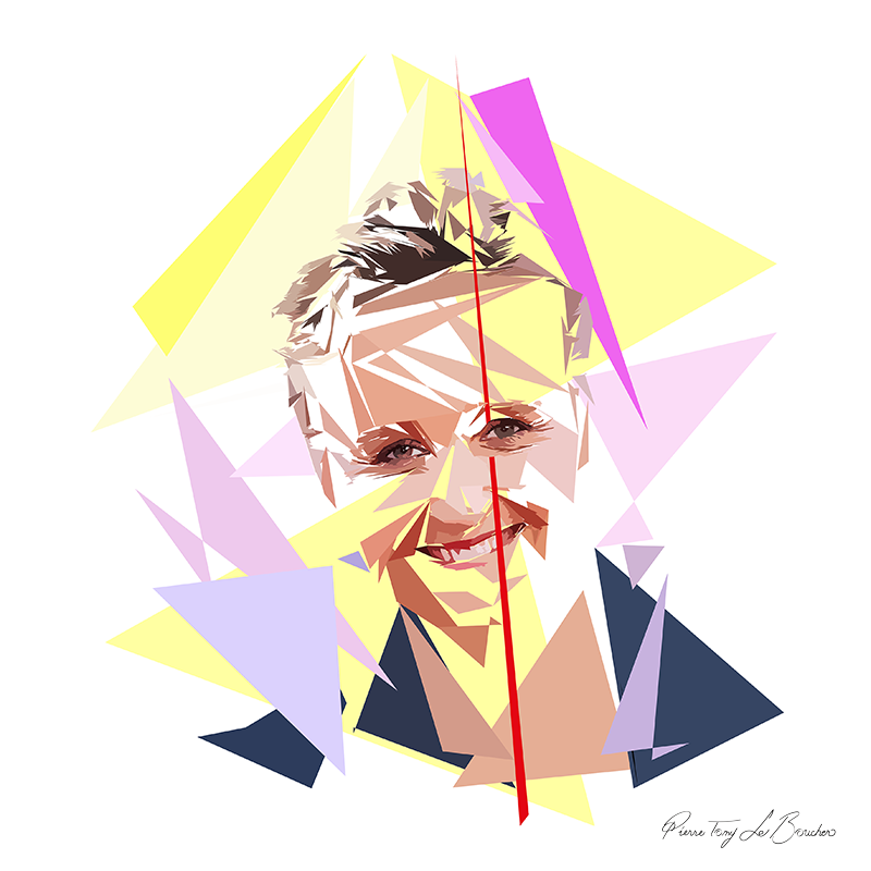 Portrait de Caroline Roux construit en facettes colorées sur fond blanc, entouré de formes géométriques jaunes, roses, mauves et bleu sombre.
