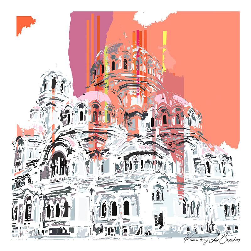 Cathédrale Saint-Alexandre-Nevski de Sofia transformée en composition graphique blanche, grise, rose et orangée, œuvre de la série Architexture.