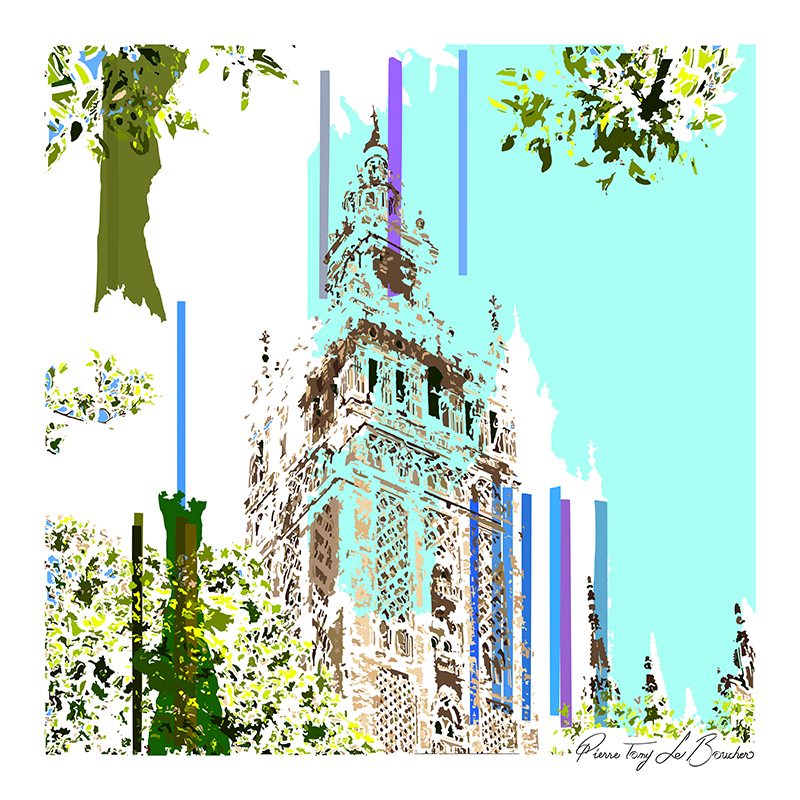 Giralda de la cathédrale de Séville transformée en composition graphique turquoise, verte, bleue et blanche, œuvre de la série Architexture.