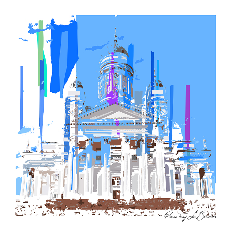 Cathédrale luthérienne d’Helsinki transformée en composition graphique blanche, bleue et violette, œuvre de la série Architexture.