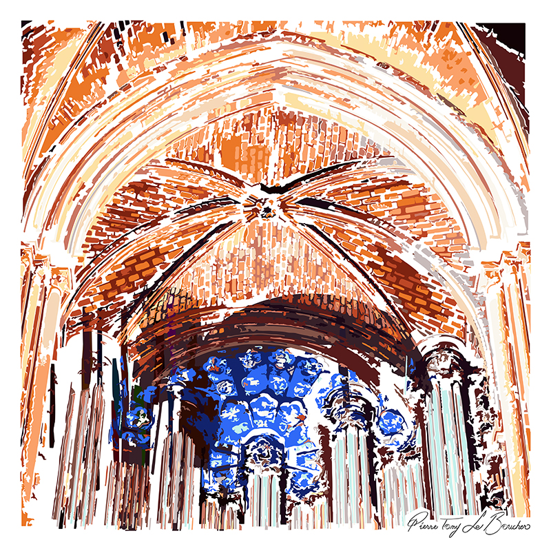 Intérieur de la cathédrale Notre-Dame de Paris transformé en composition graphique orange, brune, blanche et bleue, œuvre de la série Architexture.