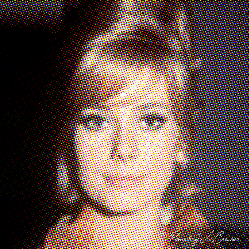 Portrait de Catherine Deneuve traité par dilution optique, composé d’une trame très visible de points cyan, magenta, jaunes et noirs.