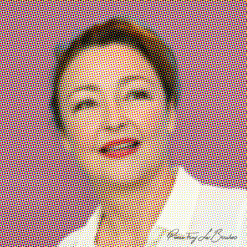 Portrait de Catherine Frot traité par dilution optique, composé d’une trame très visible de points cyan, magenta, jaunes et noirs.