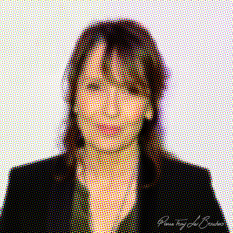 Portrait de Chantal Lauby traité par dilution optique, composé d’une trame très visible de points cyan, magenta, jaunes et noirs.