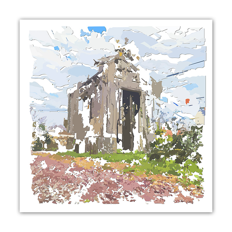 Chapelle funéraire ancienne entourée de végétation, recomposée en fragments gris, bruns, verts, bleus et blancs, œuvre Comma de Pierre Tomy Le Boucher.