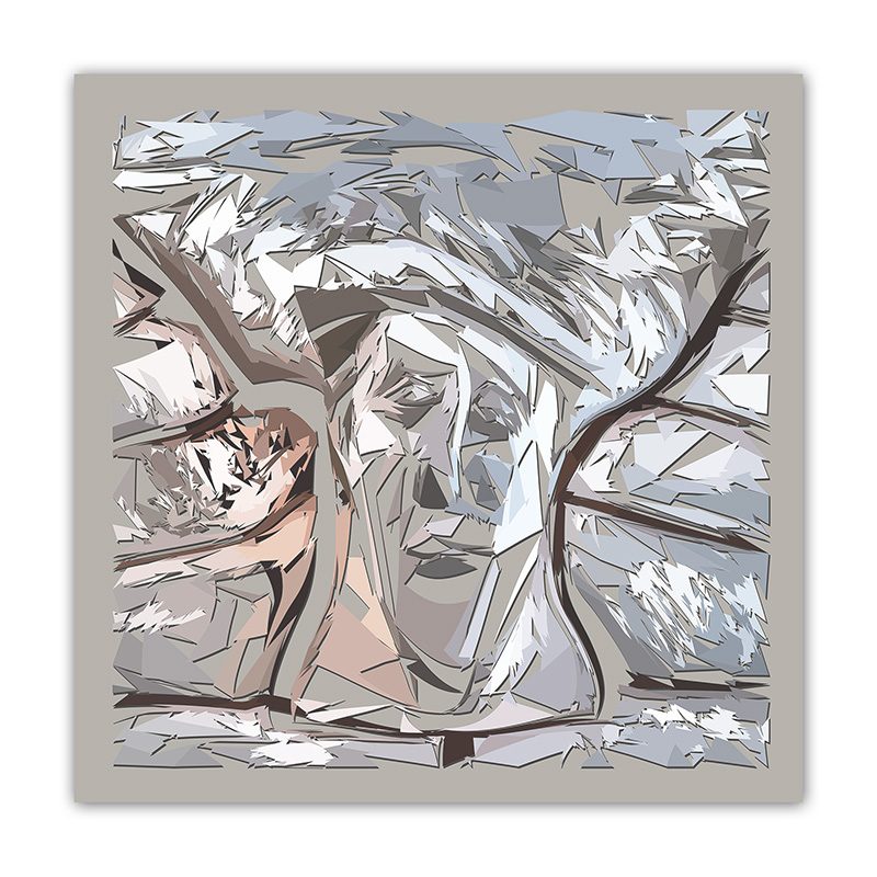 Chapiteau roman transformé en figure presque humaine aux formes géométriques grises, brunes, blanches et rosées, œuvre Comma de Pierre Tomy Le Boucher.