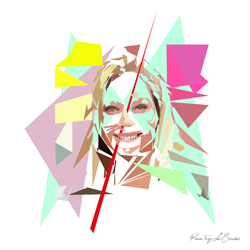 Portrait de Charlotte Bouteloup construit en facettes colorées sur fond blanc, entouré de formes géométriques jaunes, roses, vertes et turquoise.