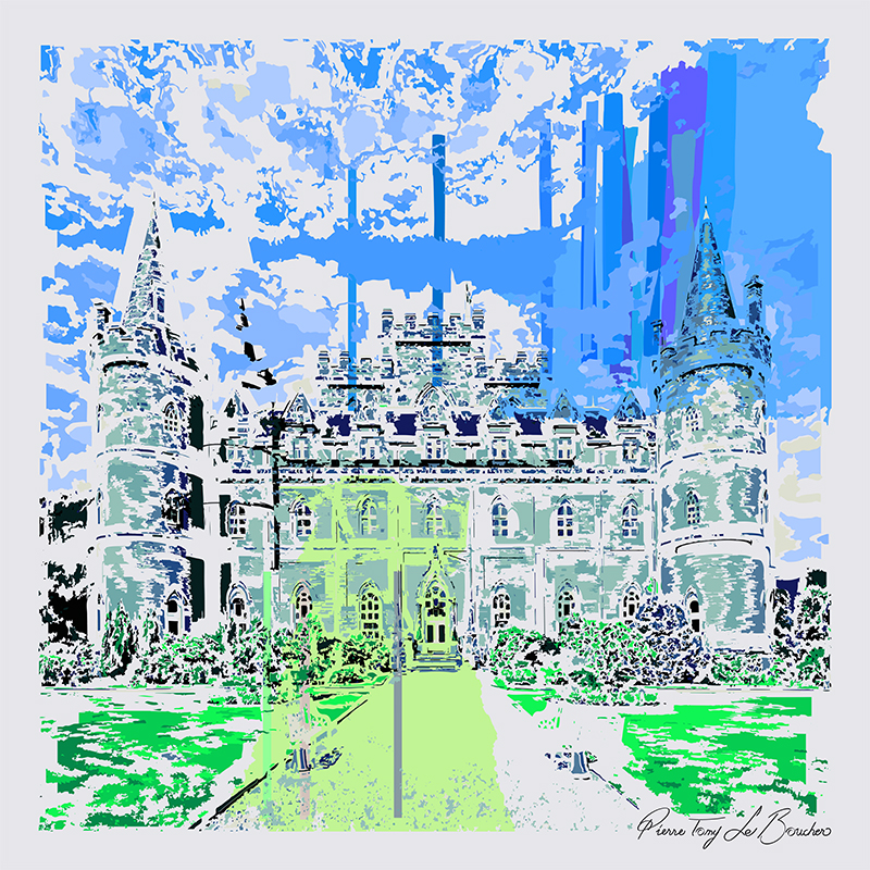 Château d’Inveraray transformé en composition graphique bleue, verte et blanche, avec ses tours, sa façade et ses jardins, œuvre de la série Architexture.