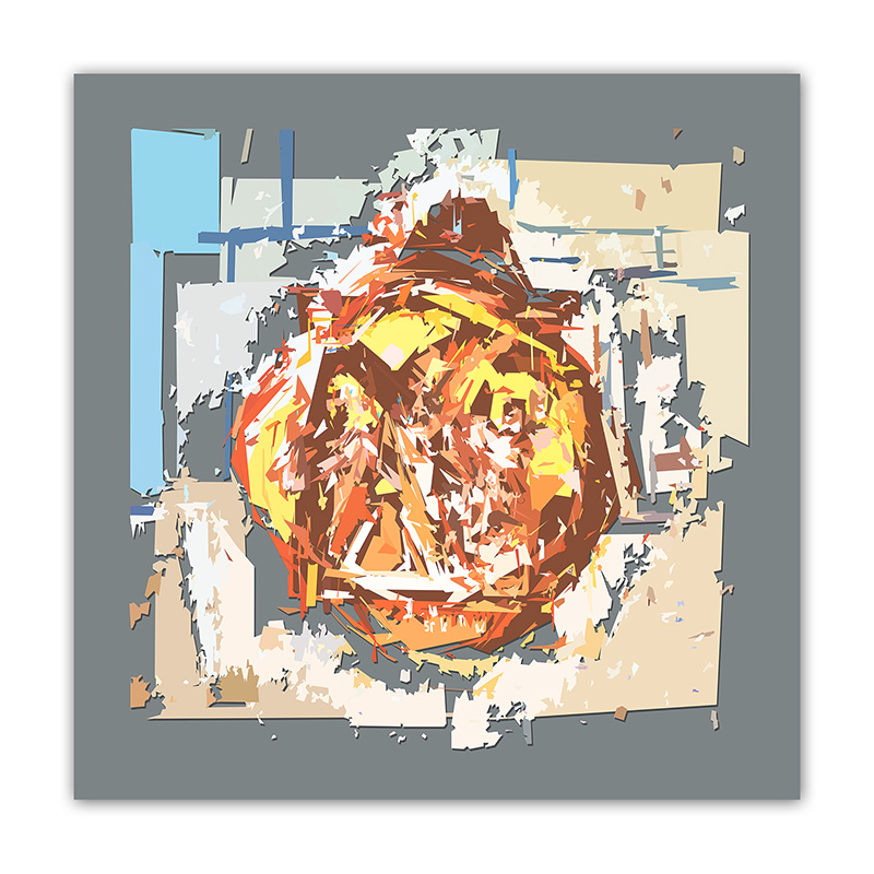 Scène du chemin de croix recomposée en fragments rouges, ocres, gris, blancs et bleus, œuvre Comma de Pierre Tomy Le Boucher.