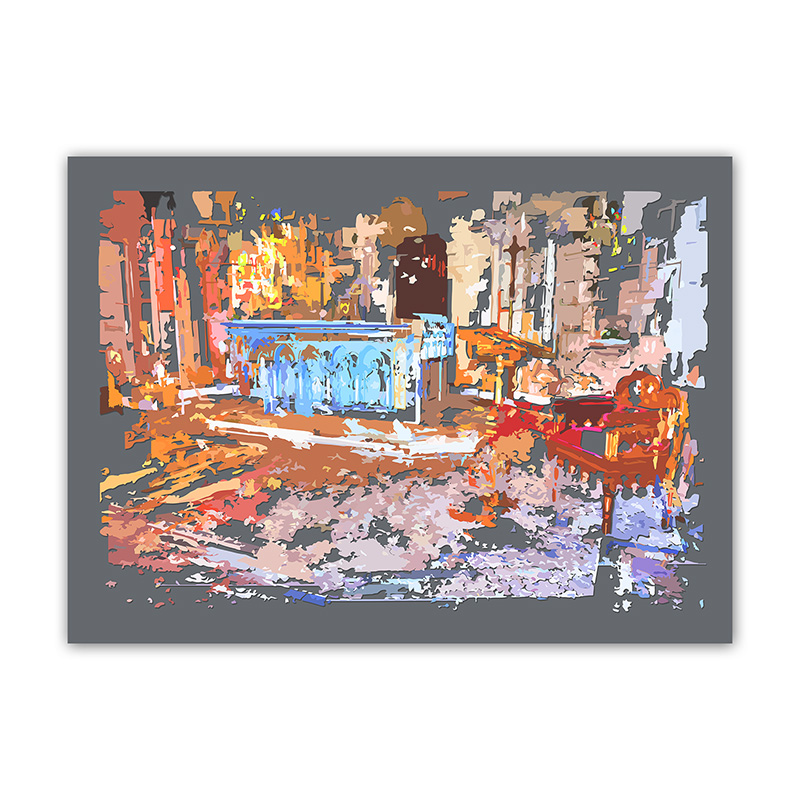 Chœur d’église avec autel et sièges recomposé en fragments bleus, rouges, ocres, gris et blancs, œuvre Comma de Pierre Tomy Le Boucher.
