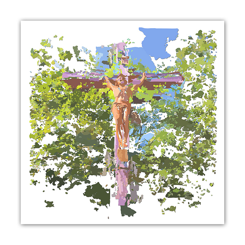 Christ en croix dans un environnement végétal, image fragmentée en aplats verts, bleus, roses et bruns avec de nombreux espaces blancs, œuvre Comma de Pierre Tomy Le Boucher.