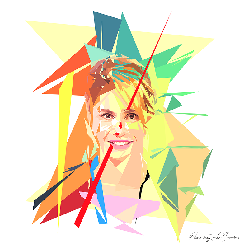 Portrait de Christelle Ballestrero construit en facettes colorées sur fond blanc, entouré de formes géométriques jaunes, orange, vertes, turquoise et roses.