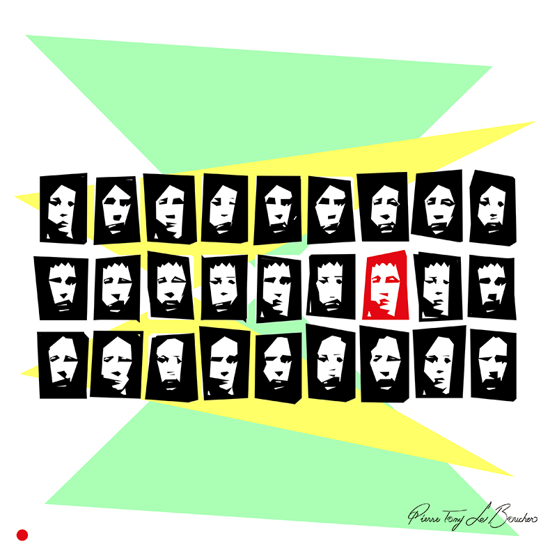 Réinterprétation de Sans Fin de Christian Boltanski, grille de portraits stylisés noirs et blancs dont un visage rouge se distingue, sur de grandes formes géométriques vertes et jaunes, œuvre de Pierre Tomy Le Boucher.