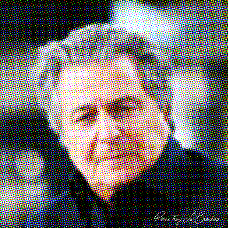 Portrait de Christian Clavier traité par dilution optique, composé d’une trame très visible de points cyan, magenta, jaunes et noirs.