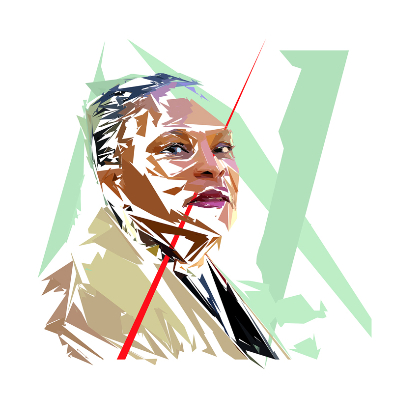 Portrait numérique de Christiane Taubira composé de formes polygonales brunes, beige, vertes et noires, traversé par une longue forme rouge.