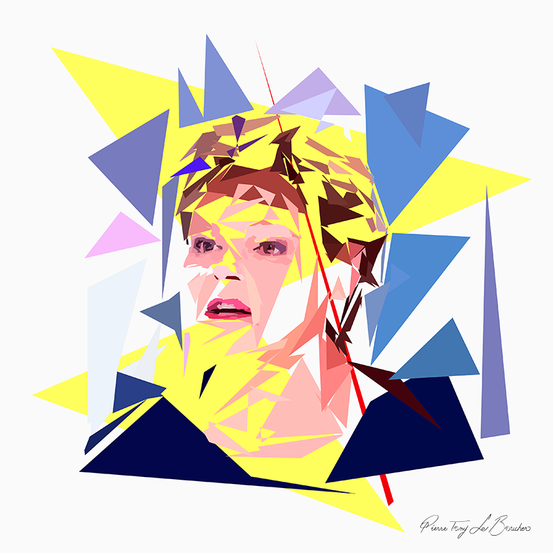 Portrait de Christine Horent construit en facettes colorées sur fond blanc, entouré de formes géométriques jaunes, bleues, mauves, roses et bleu nuit.