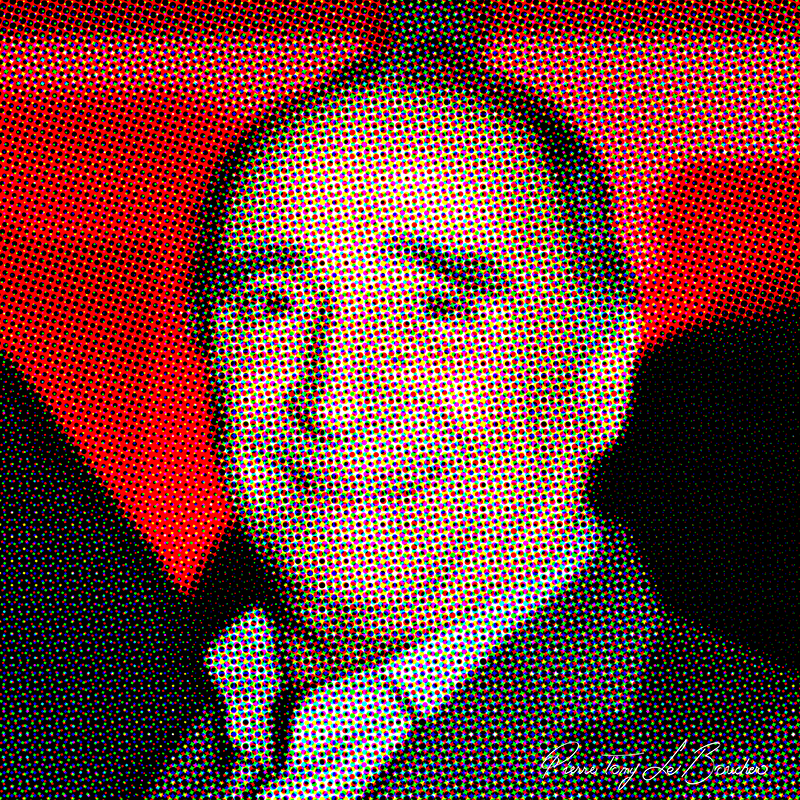 Portrait de Claude Brasseur traité par dilution optique, composé d’une trame très visible de points cyan, magenta, jaunes et noirs.