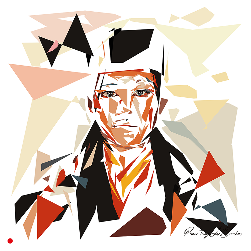 Réinterprétation du portrait Gyalwa Karmapa de Claude-Max Lochu, visage d’Ogyen Trinley Dorje fragmenté en aplats géométriques blancs, noirs, orangés, bruns et beiges, œuvre de Pierre Tomy Le Boucher.