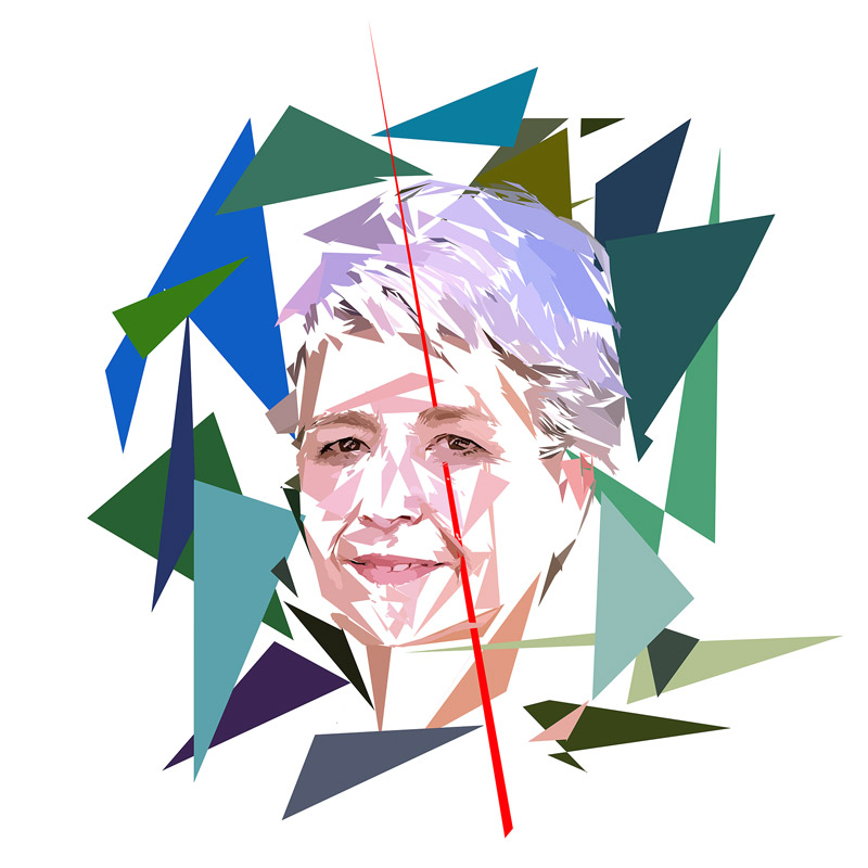 Portrait de Claudie Haigneré composé de polygones, d’aplats colorés et de lignes droites, œuvre de Pierre Tomy Le Boucher.