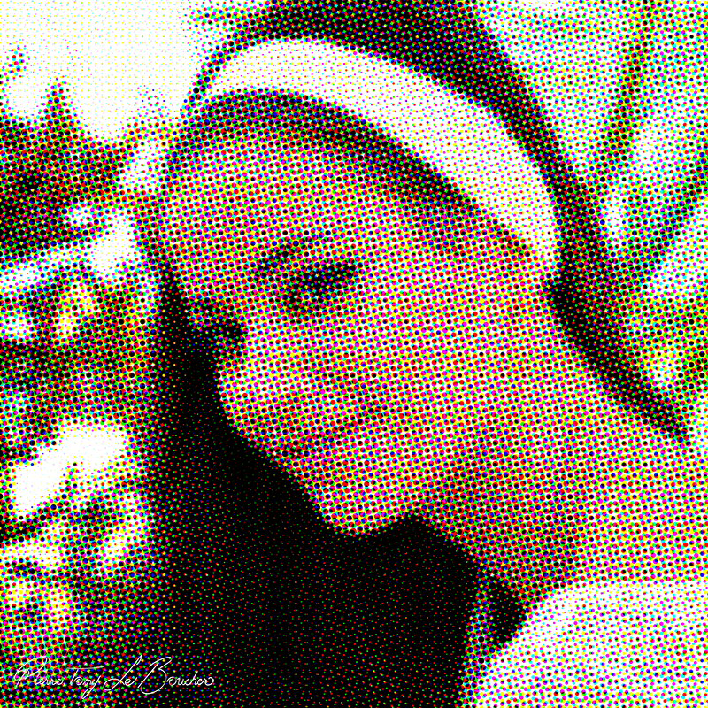 Portrait de Claudine Auger traité par dilution optique, composé d’une trame très visible de points cyan, magenta, jaunes et noirs.