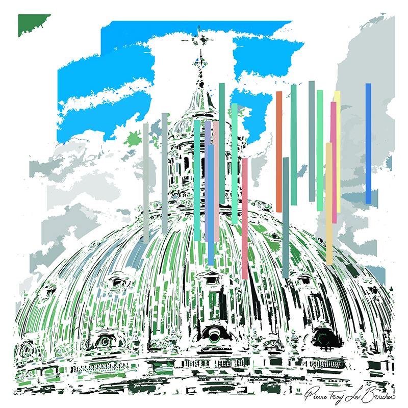 Dôme de la basilique Saint-Pierre de Rome transformé en composition graphique verte, blanche, bleue et multicolore, œuvre de la série Architexture.