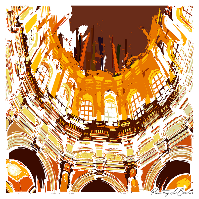 Intérieur de la chapelle Notre-Dame-du-Refuge de l’hôpital Saint-Jacques à Besançon transformé en composition graphique orange, jaune, brune et blanche, œuvre de la série Architexture.