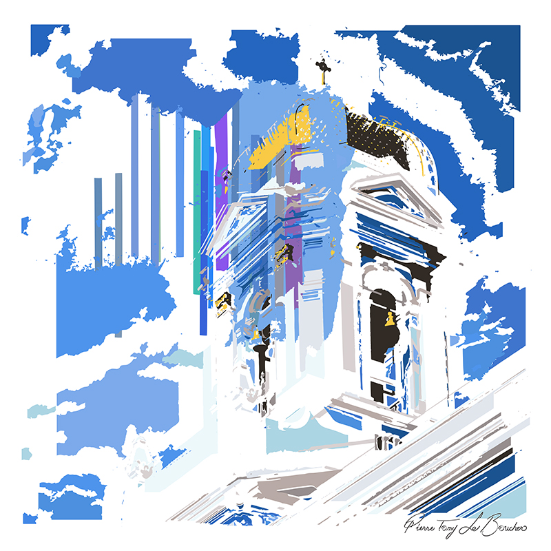 Clocher vu en contre-plongée transformé en composition graphique blanche, bleue, grise et dorée, œuvre de la série Architexture.