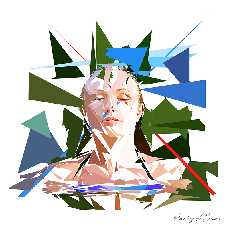 Portrait de Clymène, femme aux yeux fermés composée de formes polygonales vertes, bleues, beiges et blanches, traversées de lignes rouges.