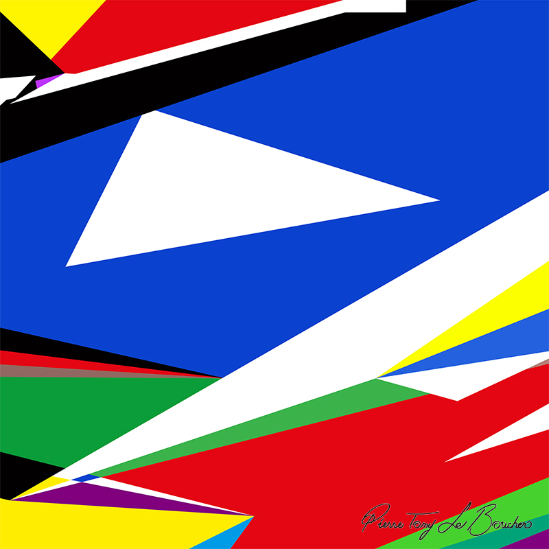 Composition abstraite issue du regard d’Adelphos, constituée de grandes formes géométriques bleues, rouges, noires, vertes, jaunes et blanches.