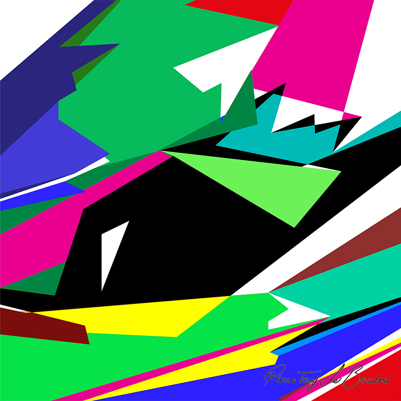Composition abstraite issue du regard d’Agénor, formée de grandes surfaces géométriques vertes, magenta, turquoise, jaunes, noires, violettes et blanches.