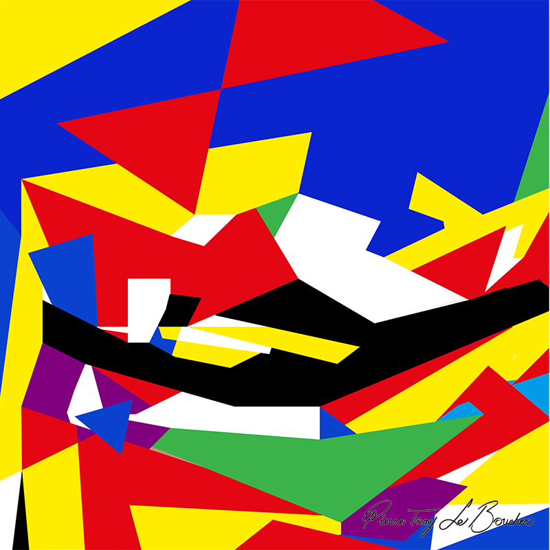 Composition abstraite issue du regard d’Alcmène, constituée de grandes formes géométriques bleues, rouges, jaunes, noires, vertes, violettes et blanches.