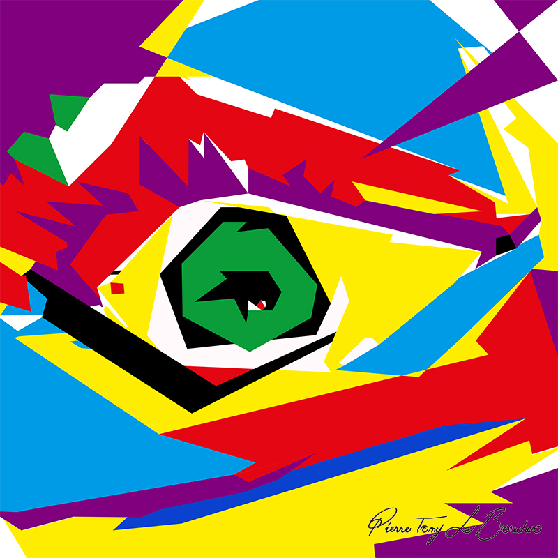 Composition géométrique issue du regard d’Aldjia, dominée par le rouge, le jaune, le bleu, le violet, le vert, le noir et le blanc, avec une structure centrale évoquant encore un œil.