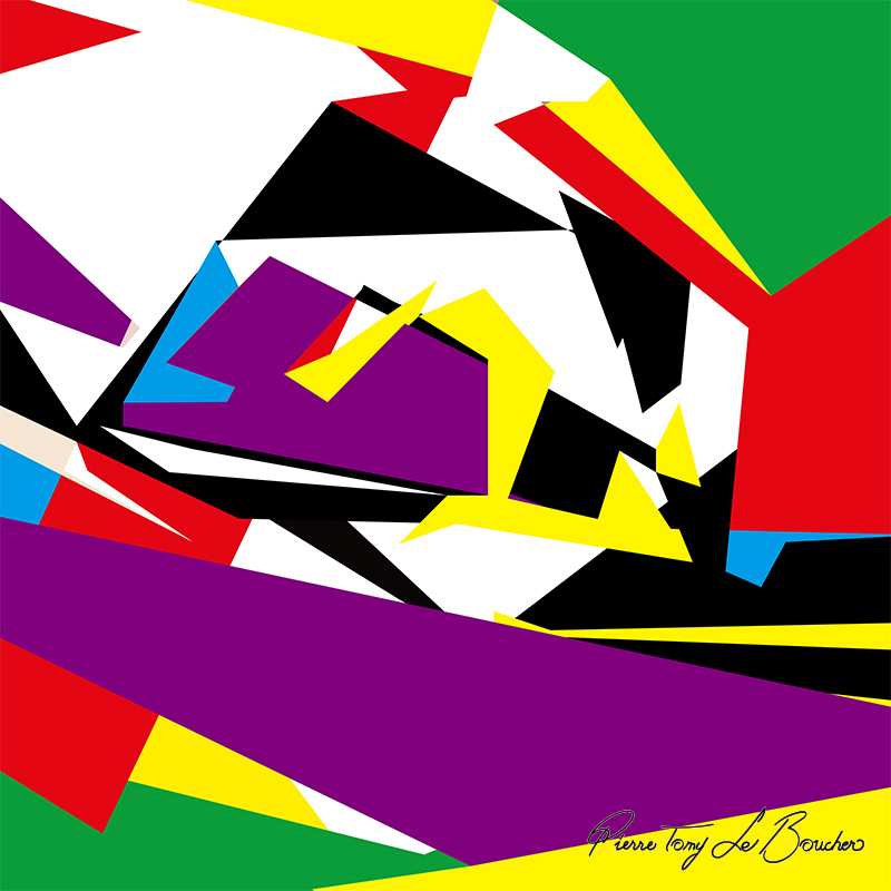 Composition abstraite issue du regard d’Aleksandr, constituée de grandes formes géométriques violettes, noires, vertes, jaunes, rouges, bleues et blanches.