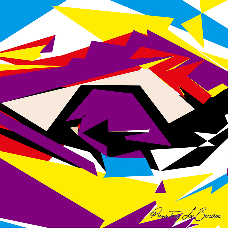 Composition abstraite issue du regard d’Amani, constituée de grandes formes géométriques violettes, noires, jaunes, rouges, bleues, blanches et beige clair.