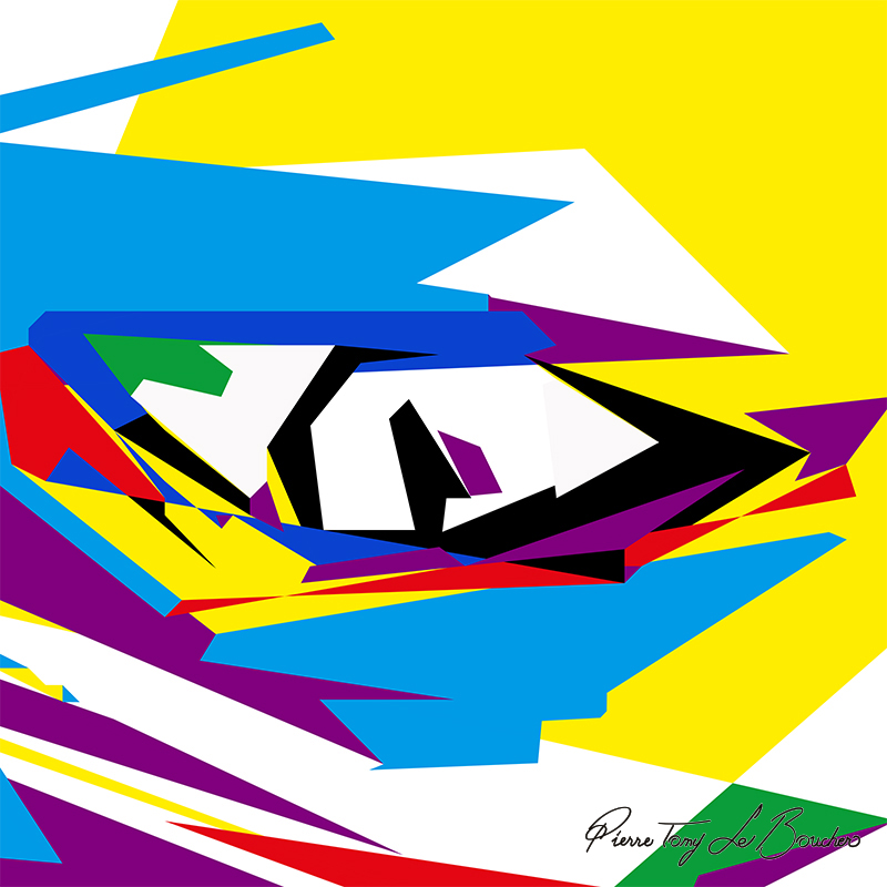 Composition géométrique issue du regard d’Armelle, dominée par de grandes surfaces jaunes, bleues, violettes, noires et blanches, avec quelques accents rouges et verts.
