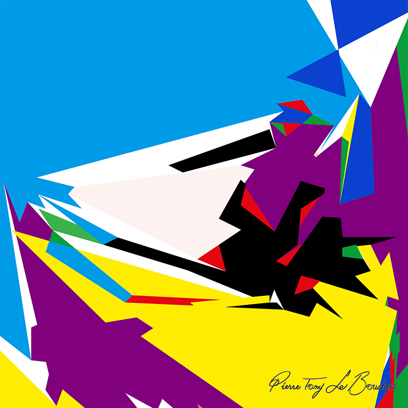 Composition géométrique issue du regard d’Artémis, dominée par de grandes surfaces bleu cyan, violettes, jaunes, noires et blanches, avec des accents rouges et verts.