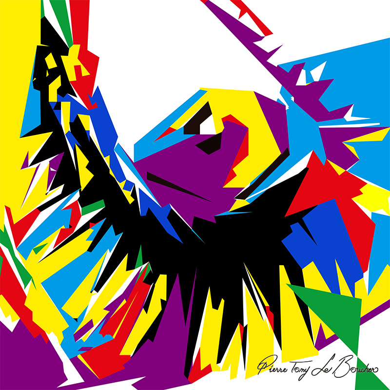 Composition géométrique issue du regard d’Asclépios, constituée de formes noires, violettes, jaunes, bleues, rouges, vertes et blanches disposées dans une organisation très dynamique.