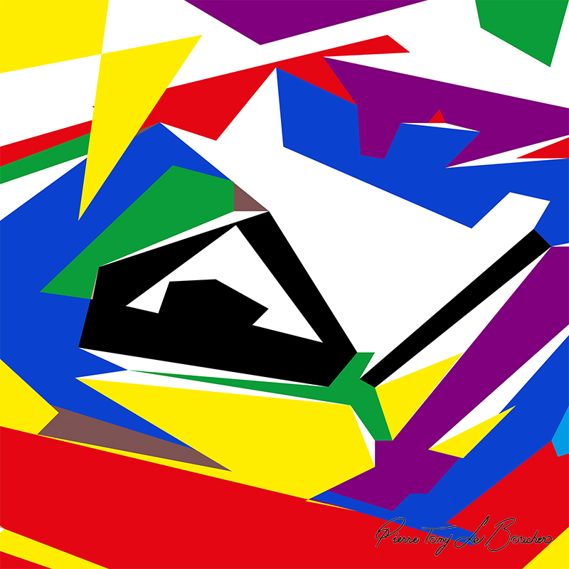 Composition géométrique issue du regard d’Athéna, constituée de grandes formes bleues, vertes, violettes, jaunes, rouges, noires et blanches.
