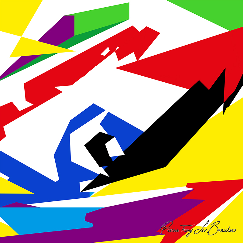 Composition géométrique issue du regard d’Atlas, structurée par des formes rouges, bleues, jaunes, violettes, vertes, noires, blanches et gris clair.