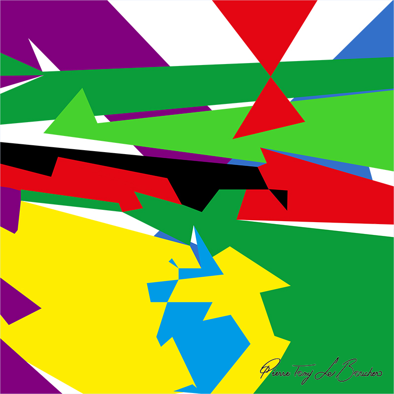 Composition géométrique issue du regard de Clymène, constituée de grandes surfaces vertes, jaunes, rouges, violettes, bleues, noires et blanches.
