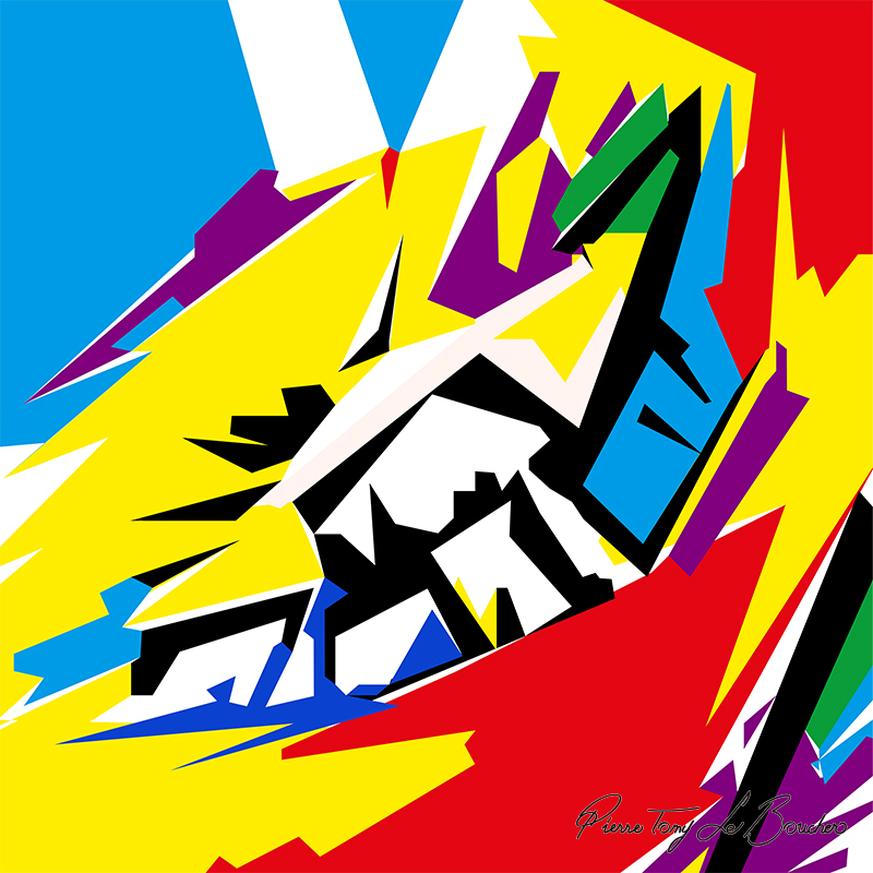 Composition géométrique issue du regard de Cora, constituée de grandes formes jaunes, rouges, bleues, noires, violettes, vertes et blanches.