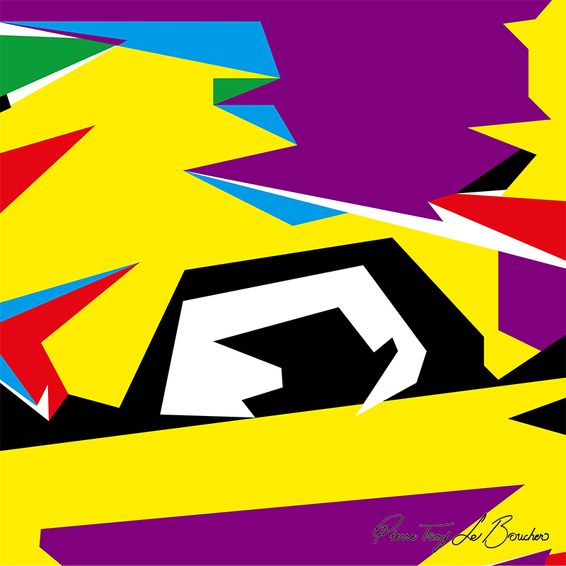 Composition géométrique issue du regard de Deucalion, dominée par de grandes surfaces jaunes et violettes autour d’une structure centrale noire et blanche, avec des accents bleus, rouges et verts.