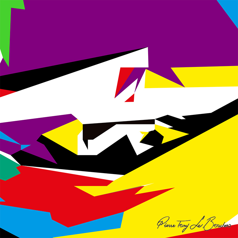 Composition géométrique issue du regard d’Énarète, constituée de grandes surfaces violettes, jaunes, noires, blanches, rouges, bleues et vertes.
