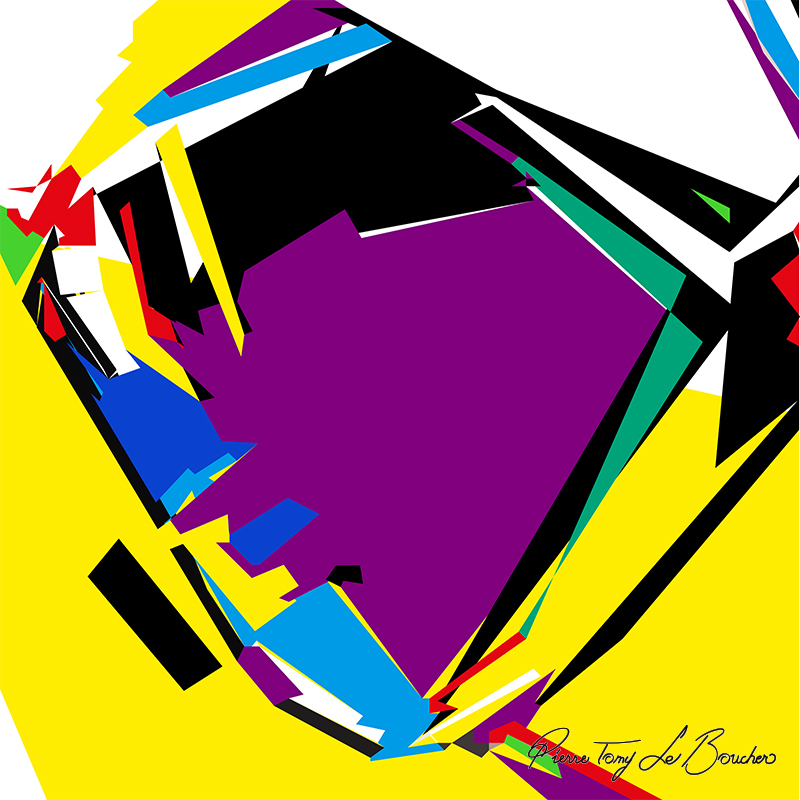 Composition géométrique issue du regard d’Épiméthée, constituée de grandes formes violettes, jaunes, noires, blanches, bleues, vertes et rouges.