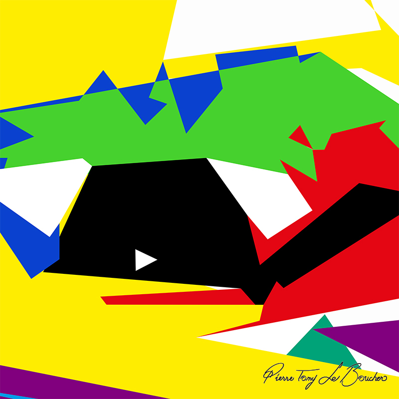 Composition géométrique issue du regard de Georges, constituée de grandes surfaces jaunes, vertes, noires, rouges, bleues, violettes et blanches.