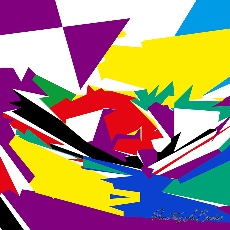 Composition géométrique issue du regard de Grace, constituée de formes rouges, violettes, jaunes, bleues, vertes, noires et blanches organisées autour d’un noyau central fragmenté.