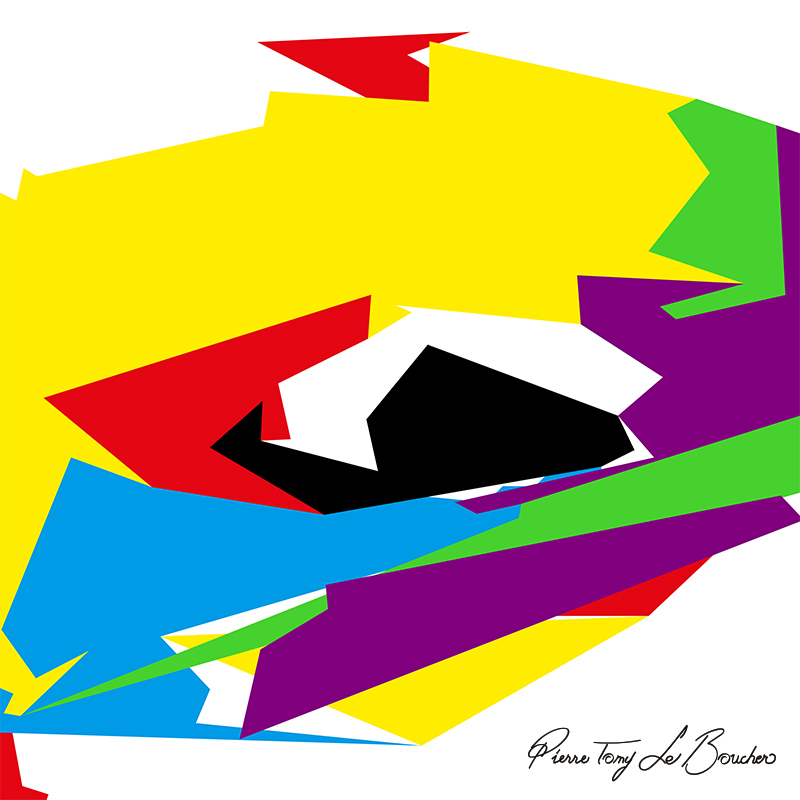 Composition géométrique issue du regard d’Hadès, dominée par une vaste surface jaune autour d’un noyau noir et blanc, avec des formes rouges, violettes, vertes et bleu cyan.