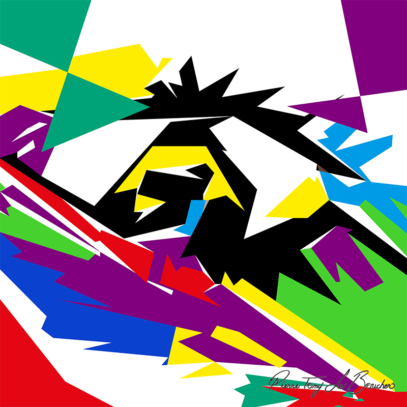 Composition géométrique issue du regard d’Hébé, structurée autour d’une grande forme noire entourée de jaune, violet, vert, bleu, rouge et blanc.